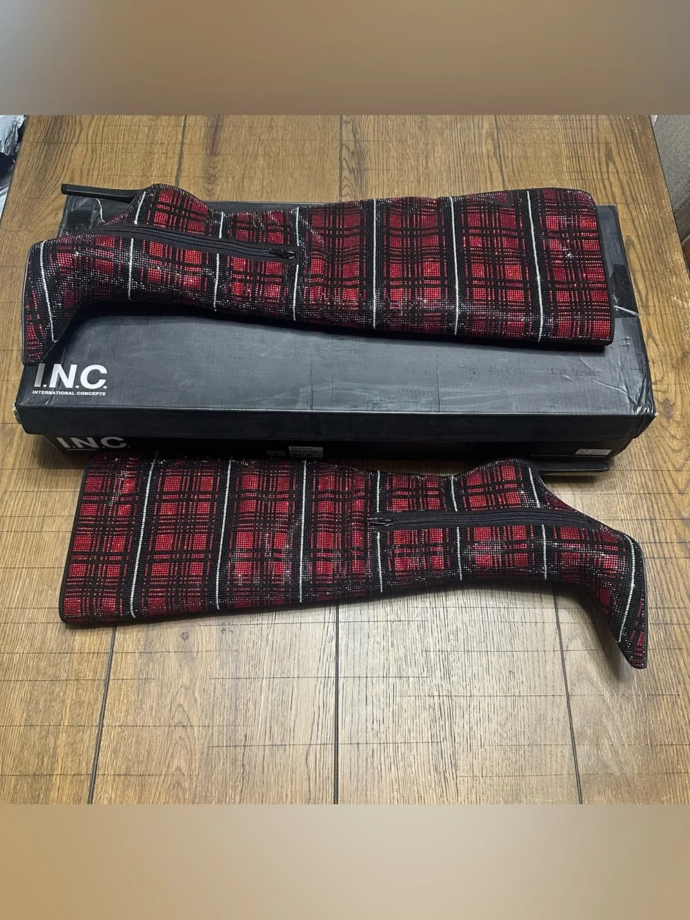 INC Saveria Red Plaid Rhinestone Over-The-Knee Stiletto Boots 6.5